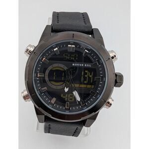 Menton Ezil Watch Men 46mm Case Analog Digital Black Leather Band- New Battery